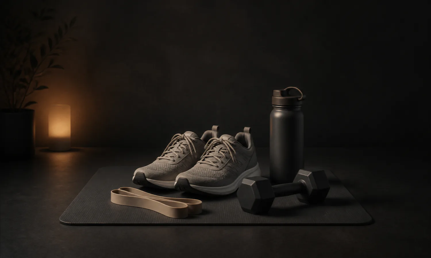 Training shoes, a light resistance band, and one modest dumbbell wait on a mat for an easy restart.
