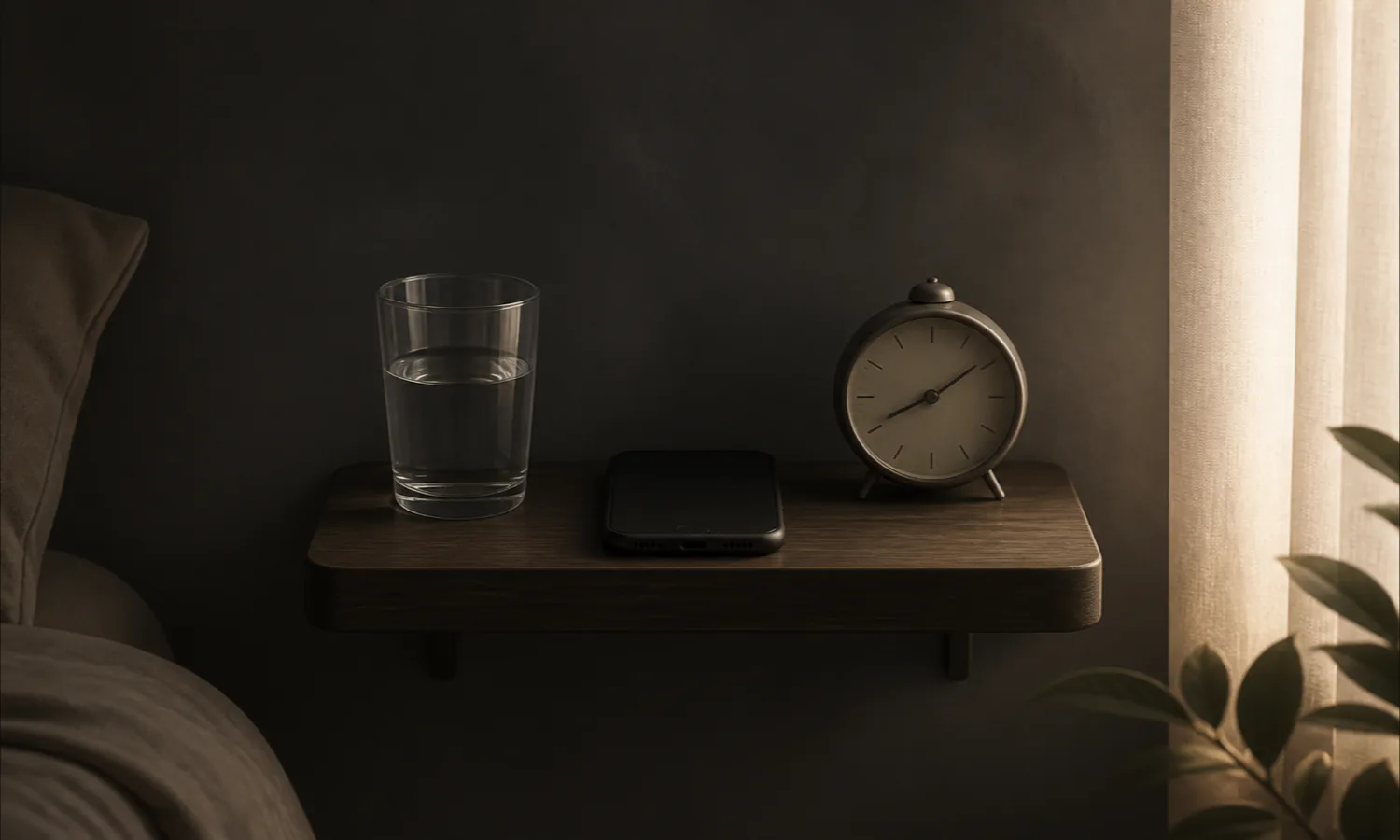 A face-down phone rests on a shelf beside a glass of water and an alarm clock as morning light enters the room.