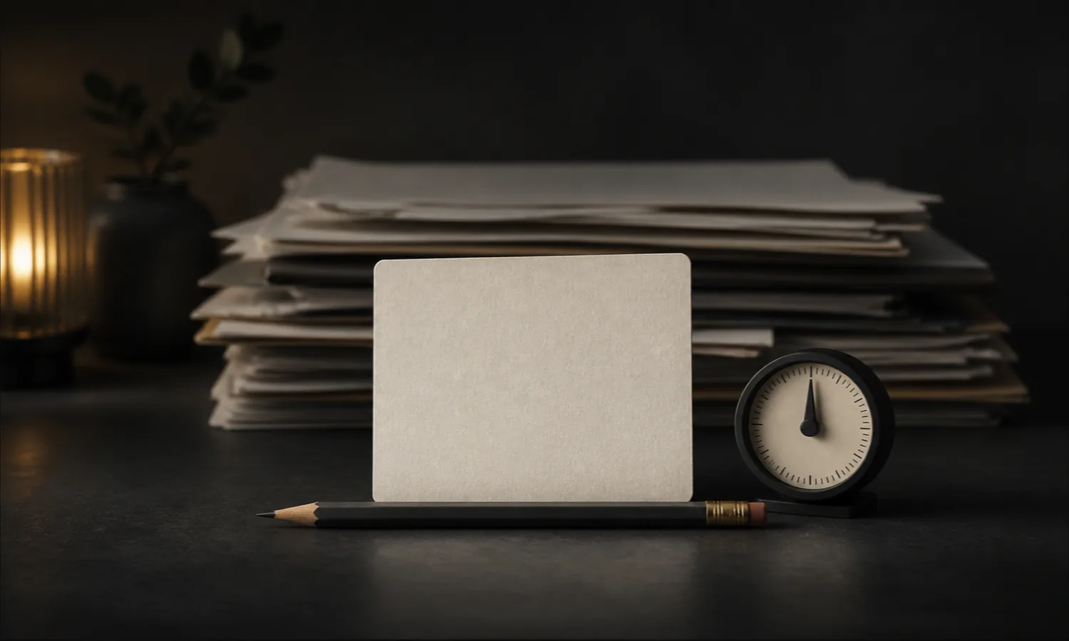 A single blank card and pencil sit before a larger blurred stack of papers, ready for one small first step.