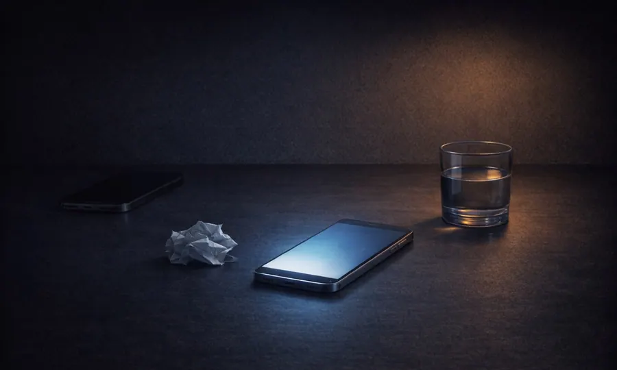 Relationships lesson art: softly glowing phone, second dark phone, water glass, and crumpled note on a dark tabletop
