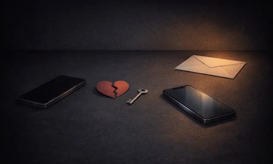 Relationships lesson art: two angled phones, a folded paper heart, and simple objects suggesting mixed signals on a dark tabletop