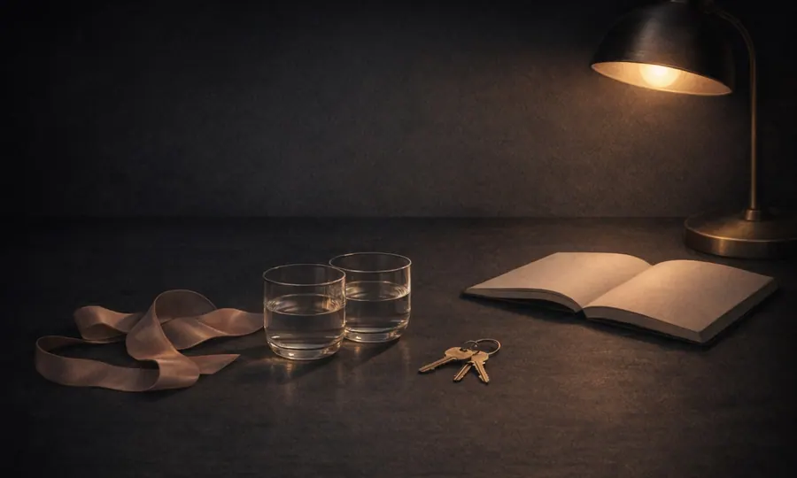 Relationships lesson art: two glasses, silk ribbon, notebook, and keys on a dark tabletop suggesting intimacy and emotional meaning