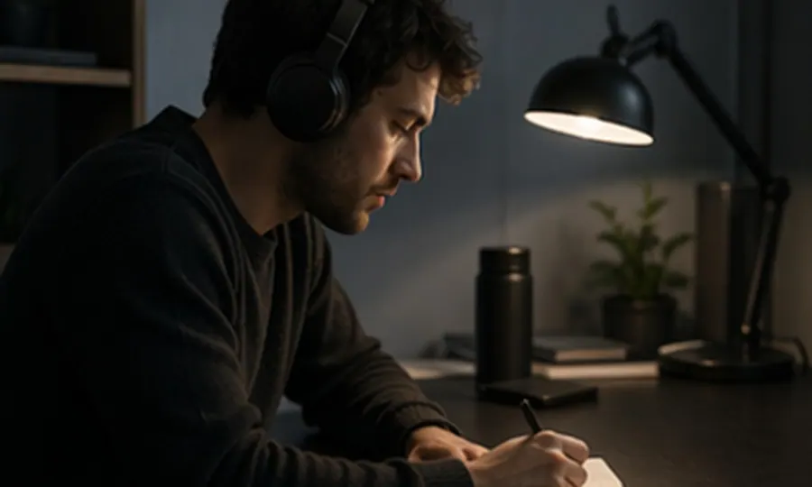 Rhythm lesson art: man in headphones at a quiet desk lane with a single lamp and the phone kept away