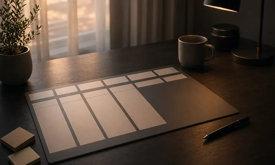 Rhythm lesson art: calm weekly planning board with open margin and visible breathing room in warm window light