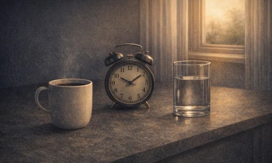 Sleep lesson art: coffee mug, alarm clock, and water glass in soft morning light, showing borrowed alertness tied to timing