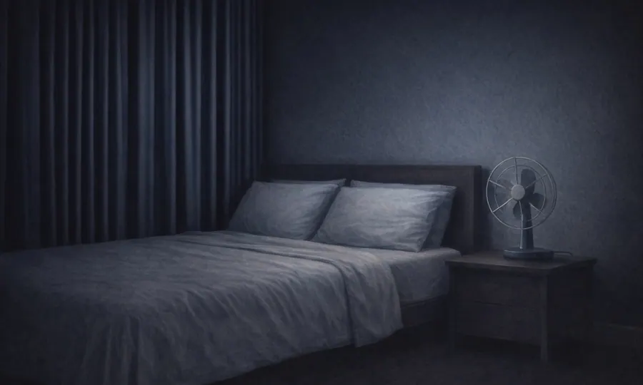 Sleep lesson art: cool dark bedroom with blackout curtains, clean bed, and a quiet fan on a bedside table