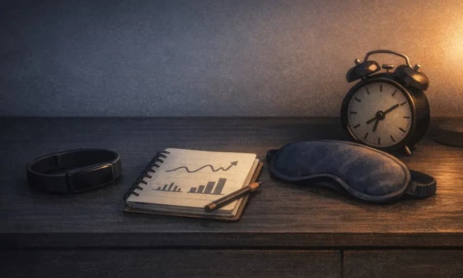 Sleep lesson art: adult in bed near dawn with a dim wearable on the wrist, a notebook on the bedside table, and no readable device numbers