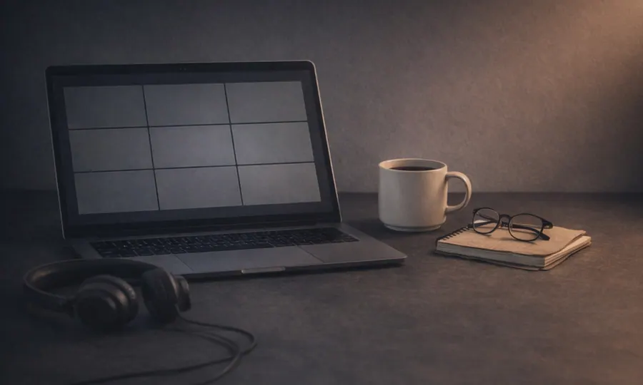 Social lesson art: a laptop with blank video-call tiles, headphones, coffee cup, glasses, and notebook on a dark desk