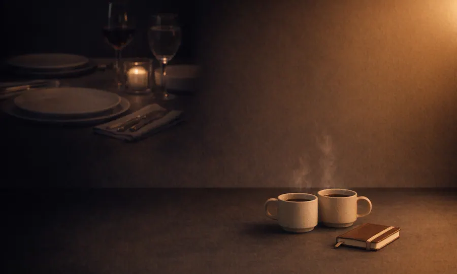 Social lesson art: a larger dinner setup fading into shadow while two small coffee cups and a notebook hold the warm foreground on a dark tabletop