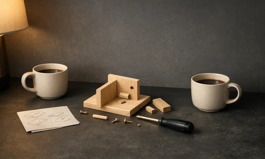 Social lesson art: two coffee cups beside a small wooden assembly project with simple parts and a screwdriver on a dark tabletop