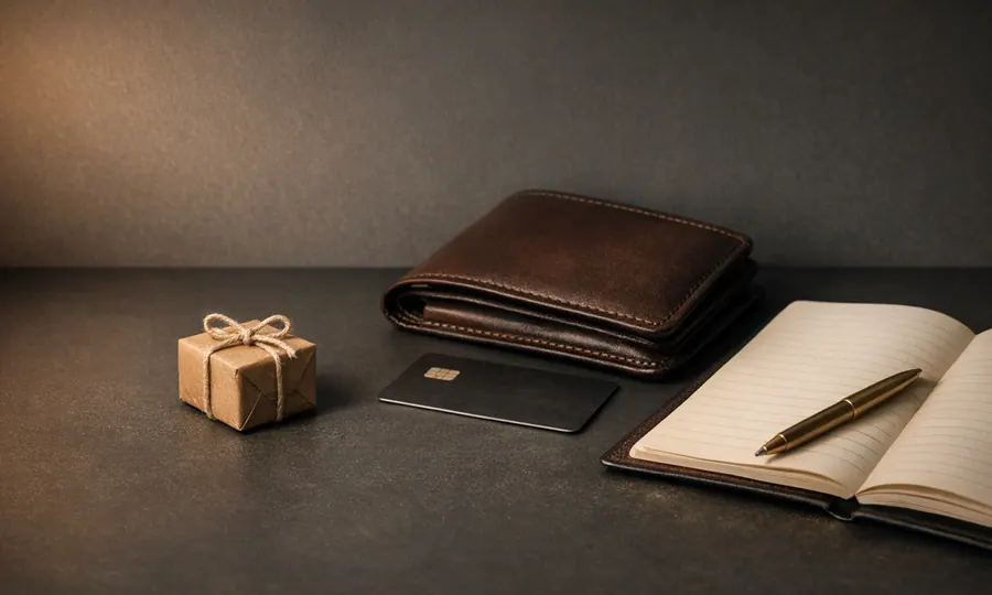 Social lesson art: a tiny wrapped gift beside a larger wallet, card, and open notebook on a dark tabletop