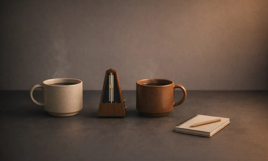 Social lesson art: two coffee cups and a small metronome beside a notebook on a dark tabletop, suggesting pacing and conversational rhythm