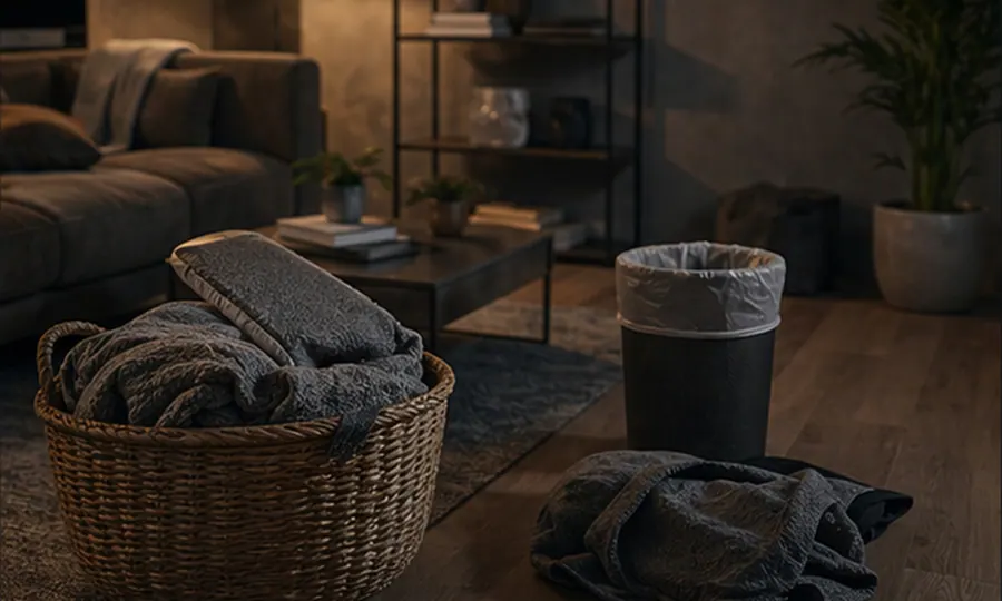 Space lesson art: realistic room mid-reset with a basket, folded blanket, and obvious small cleanup tasks before chaos hardens