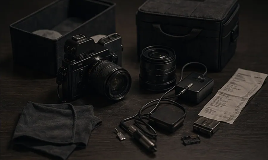 Space lesson art: camera-style object cluster with charger, cloth, storage bin, and maintenance pieces that imply the hidden admin of owning things