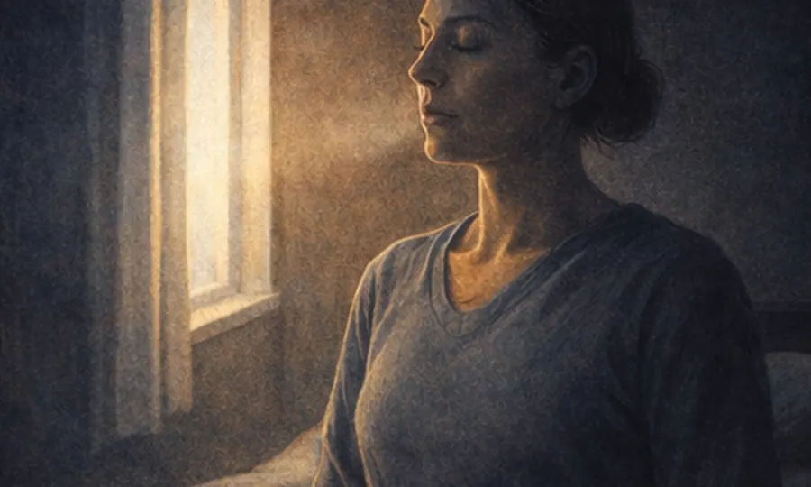 Stress lesson art: one adult seated calmly by a window, shoulders dropped, exhaling slowly in a quiet room