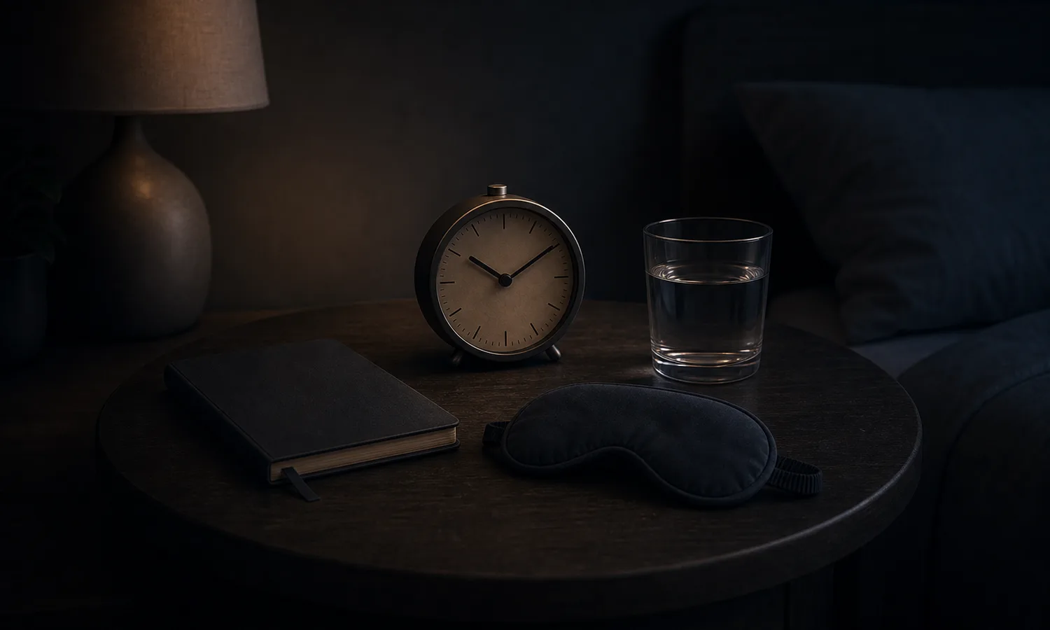 Stress lesson art: analog clock, water glass, sleep mask, and closed notebook in a dark bedside downshift scene