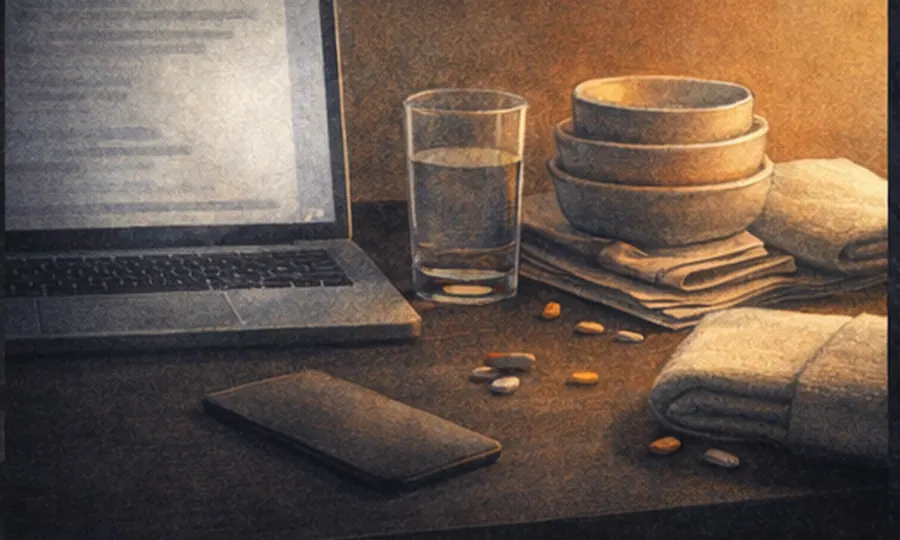 Stress lesson art: laptop, water glass, folded towel, stacked bowls, and a late-work desk that shows recovery basics still unfinished