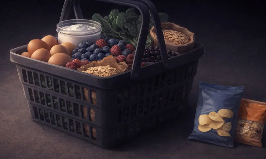 Supermarket lesson art: reusable basket with eggs, yogurt, berries, oats, greens, and beans on a dark tabletop