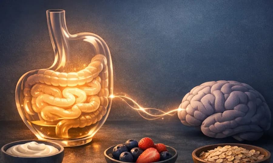 Gut-brain lesson art: softly glowing gut vessel linked to a brain-like form with yogurt, berries, and oats on a dark tabletop