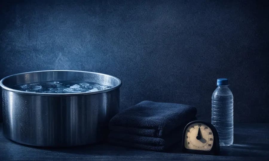 Thermal lesson art: metal cold-plunge tub with floating ice, folded towel, water bottle, and analog timer in cool blue light