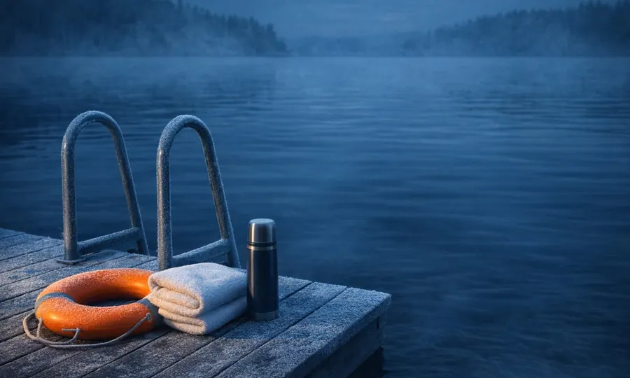 Thermal lesson art: frosted lakeside dock with a cold-water ladder, orange rescue float, towel, and thermos at blue dawn