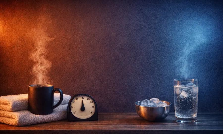 Thermal lesson art: small ice bowl, steaming mug, towel, water glass, and timer arranged as a dose-first stress setup