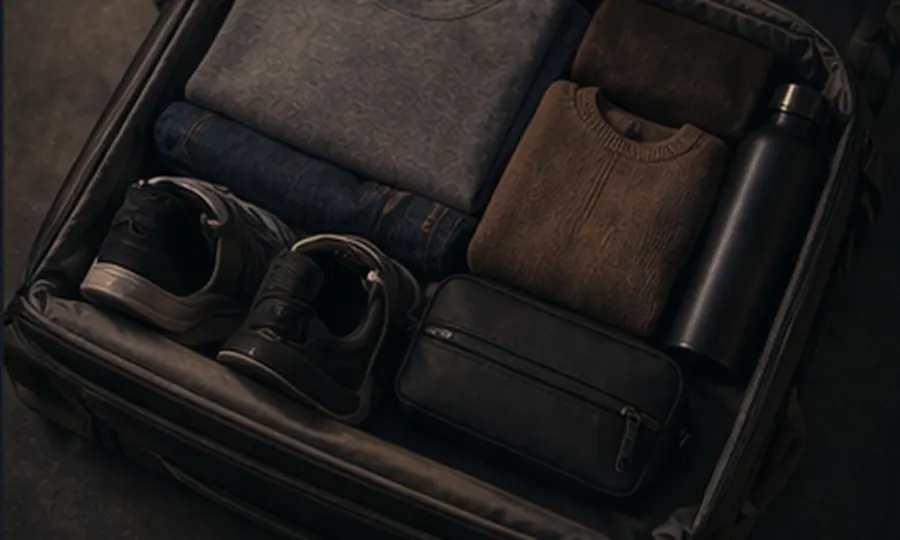 Travel lesson art: open compact backpack packed with a few neatly folded essentials, shoes, and a bottle