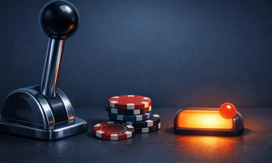 Variable reward lesson art: slot machine lever, chips, and glowing phone-notification objects on a dark tabletop