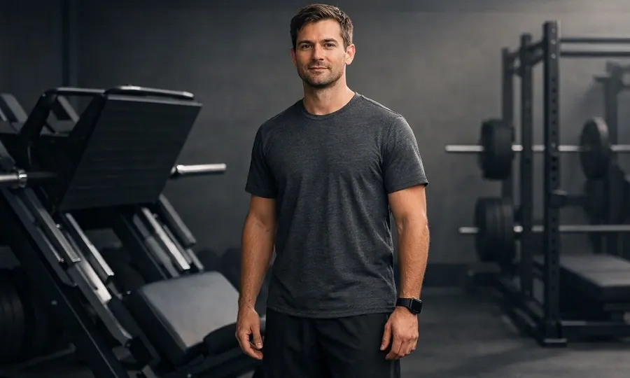 Workout lesson art: adult athlete standing calmly in a dark gym beside stable strength machines, ready to begin a simple full-body workout