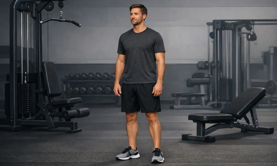 Workout lesson art: adult athlete standing calmly in a dark gym beside a pulldown machine and bench, ready to begin a simple full-body workout
