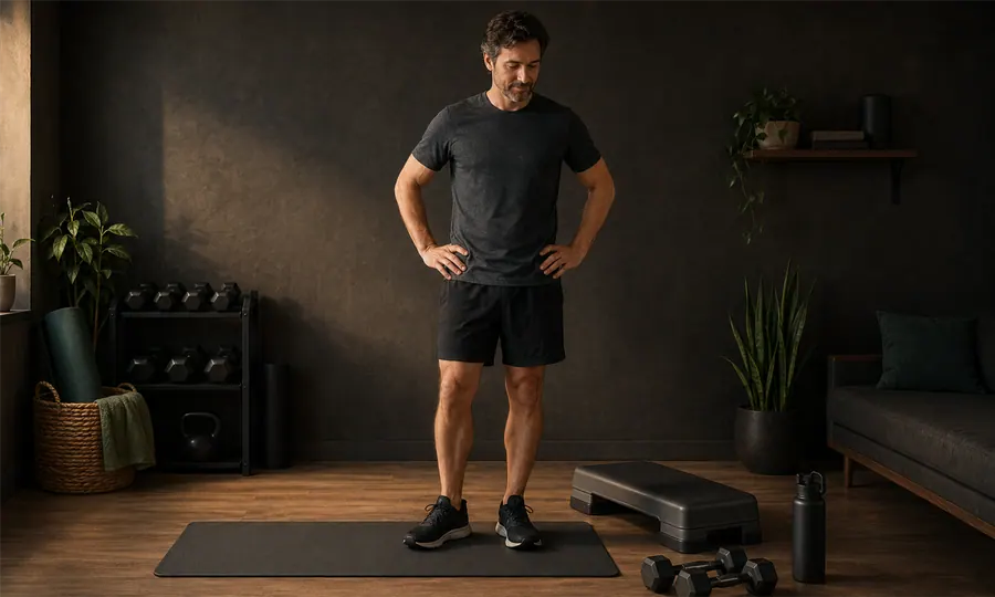 Workout lesson art: adult standing calmly beside a mat, low step, dumbbells, and home-gym setup for a knee-friendly leg routine