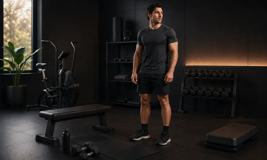Adult athlete standing calmly in a dark workout space beside a bench, mat, and light equipment, ready to begin a short pre-lift warm-up